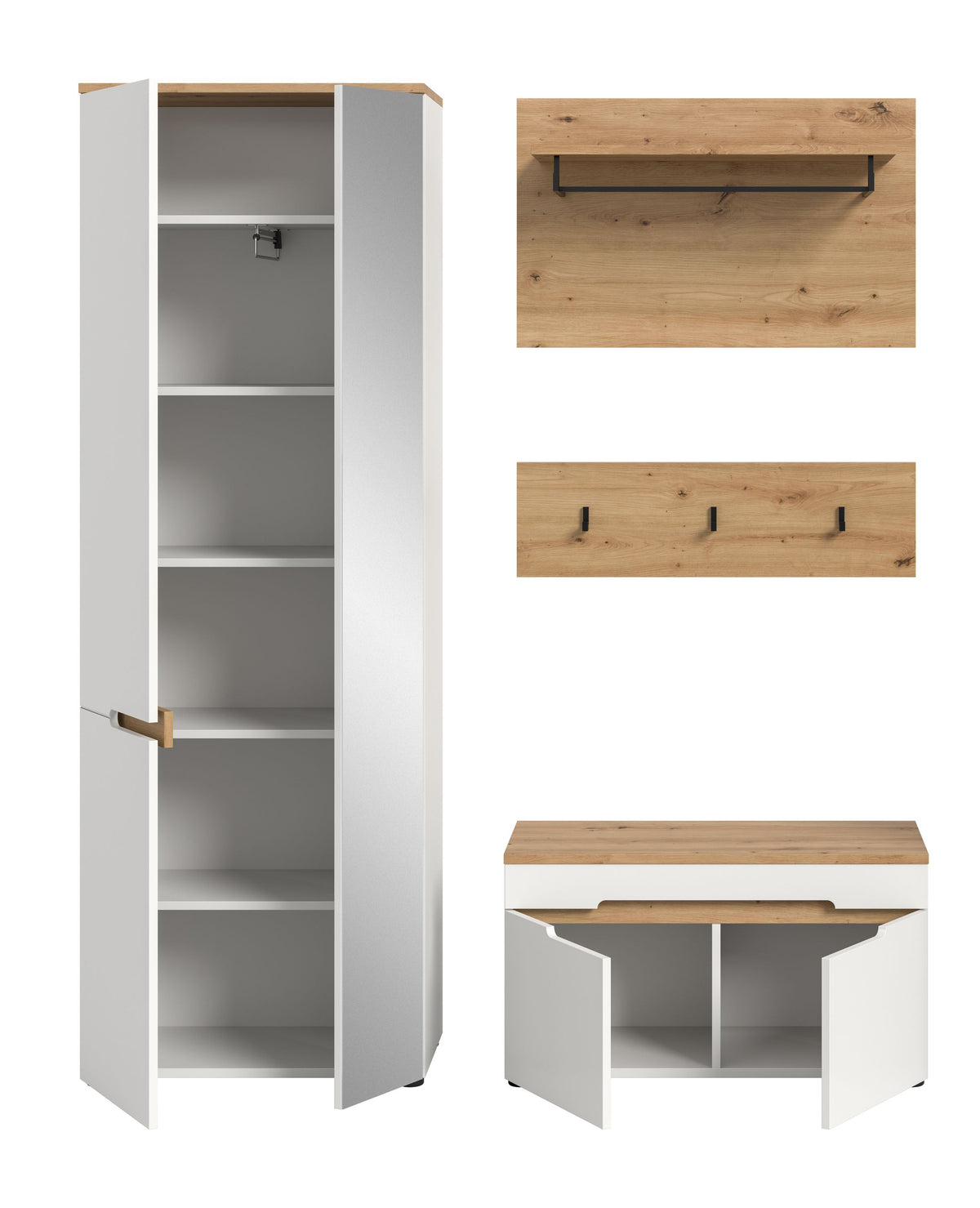 Garderobenschrank mit offenen Fächern und Sitzbank: Weiß/Grau, Holzplatte oben