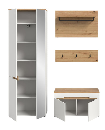 Garderobenschrank mit offenen Fächern und Sitzbank: Weiß/Grau, Holzplatte oben