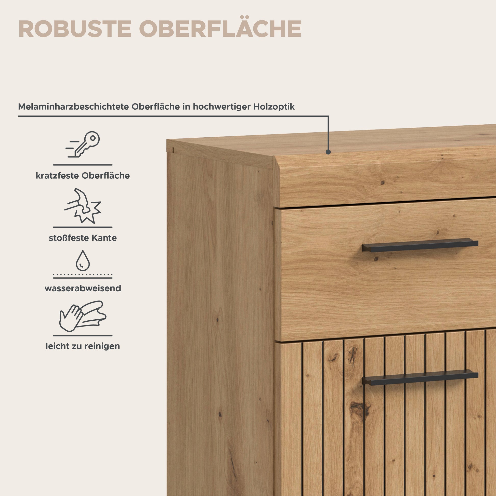 Badkommode breit mit Schubladengriff und Lamellentüren in Holzdekor, robuste Oberfläche