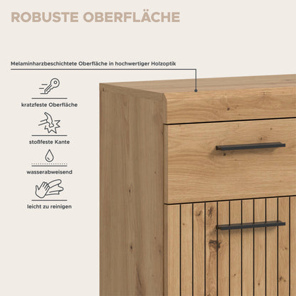 Badkommode breit mit Schubladengriff und Lamellentüren in Holzdekor, robuste Oberfläche