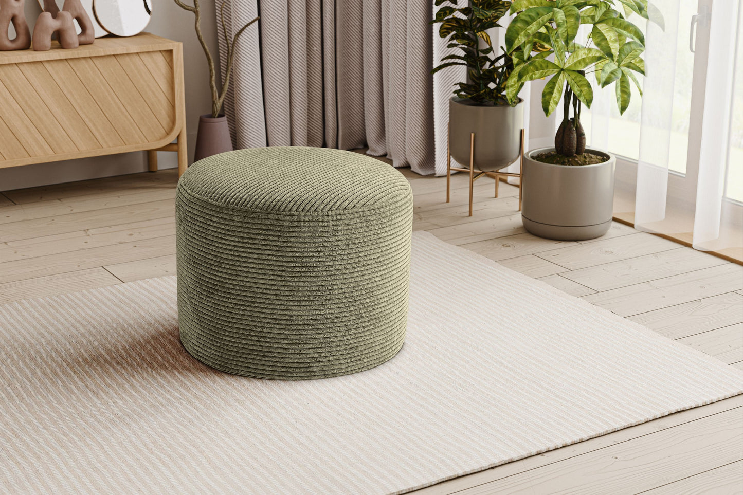 Runder Cord-Hocker mit weicher Polsterung, khaki, in Wohnumgebung auf hellem Teppich