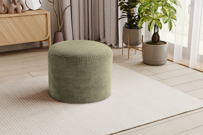 Runder Cord-Hocker mit weicher Polsterung, khaki, in Wohnumgebung auf hellem Teppich