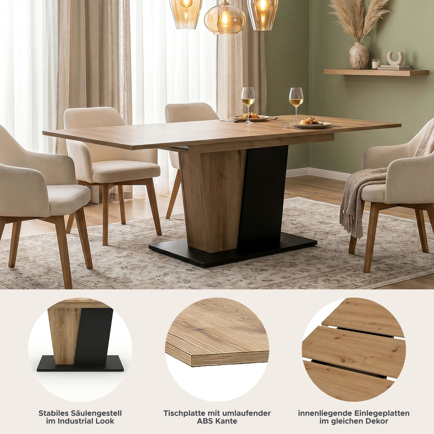 Molina Esstisch  (B/H/T: 150x76x90 cm) in Evoke Oak Nachbildung und Basalt grau