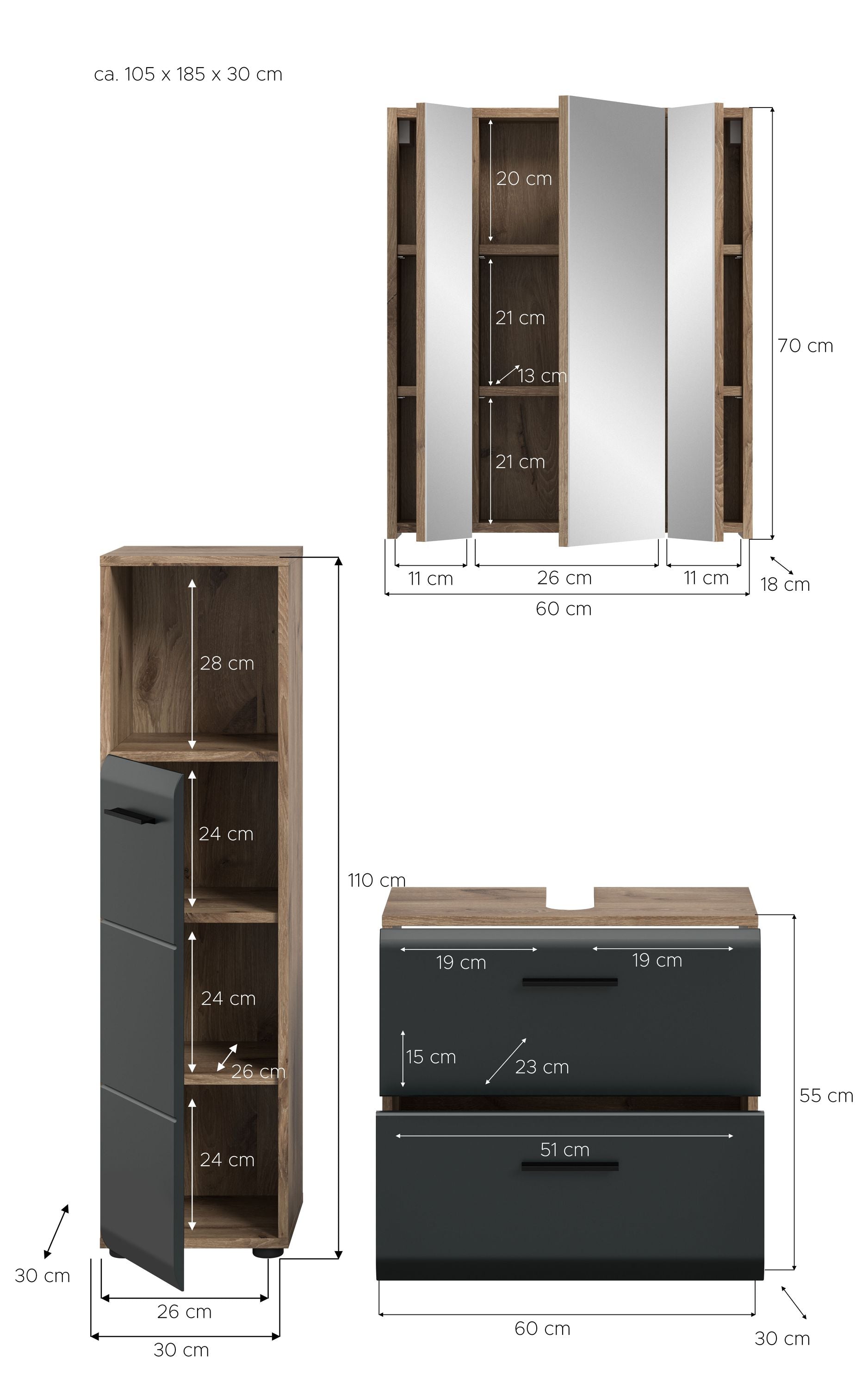 Badezimmer-Set (3-tlg.): Hochschrank in Hellholz, Waschtischunterschrank mit dunklen Fronten
