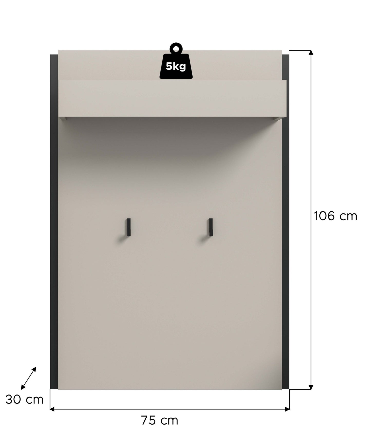 Garderoben-Paneel: 75 cm breit, 106 cm hoch; Hutablage mit zwei Haken