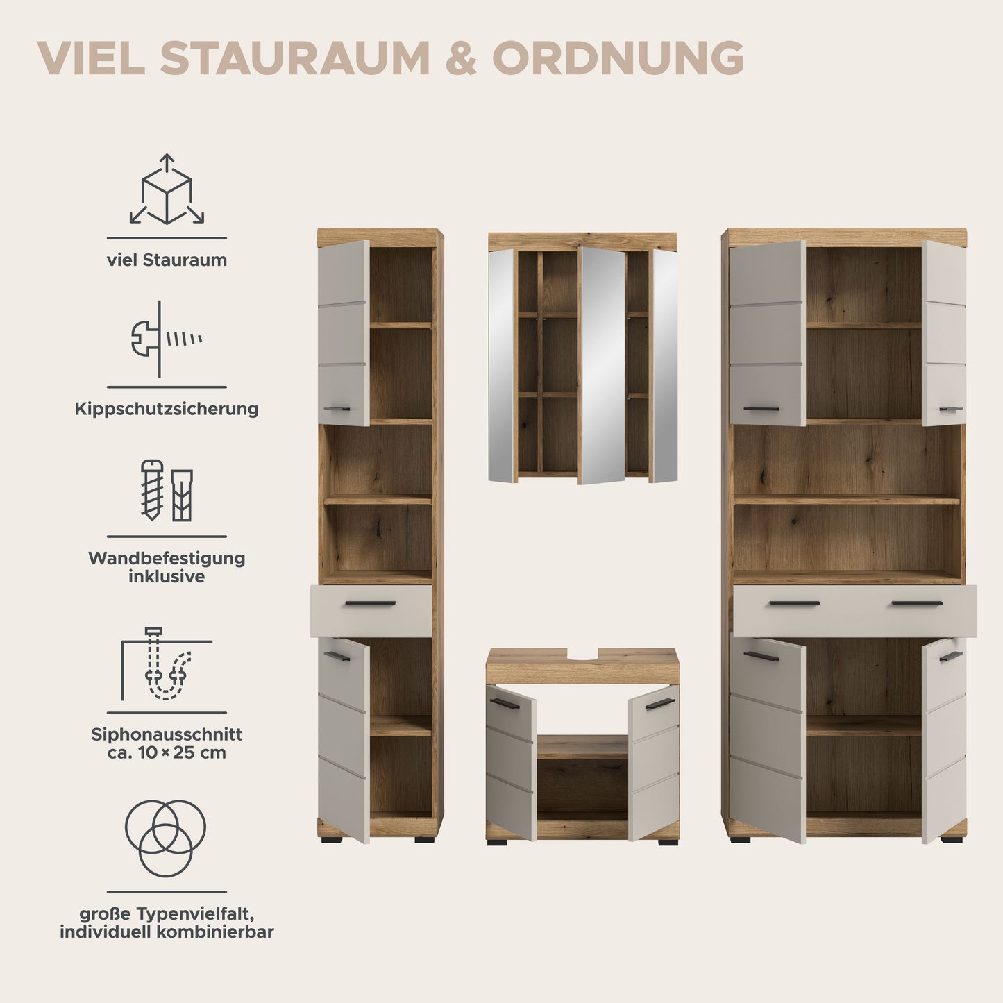 Homes & Jones Badezimmerset (4-teilig) mit Hochschränken und Waschtisch, weiß/Eiche-Optik