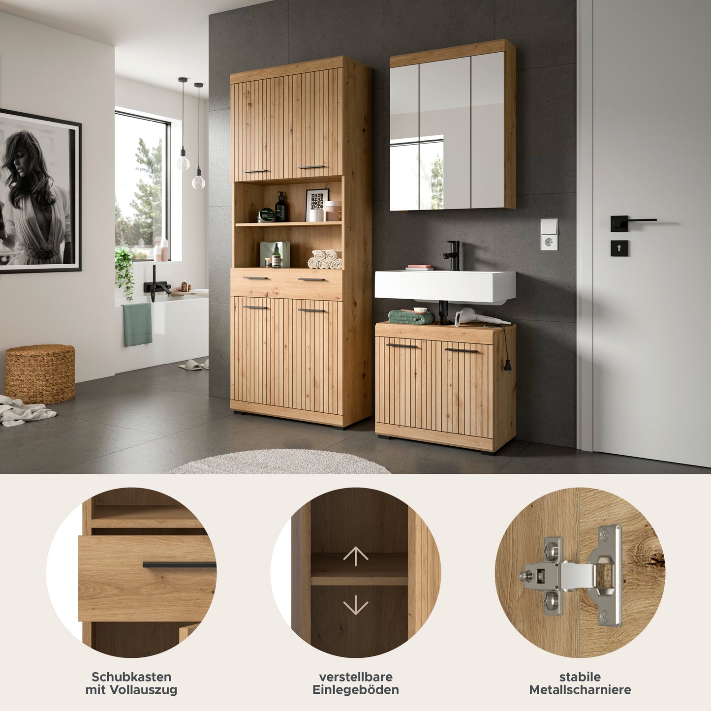 Badezimmerset mit Spiegelschrank und Waschtisch, weiß/holz, moderne Schrankfronten, 3-teilig