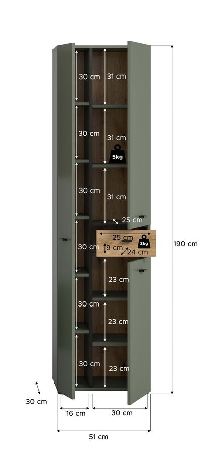 Armoire haute AQUA (L/H/P : env. 51/191/30 cm) en vert sauge/vert sauge