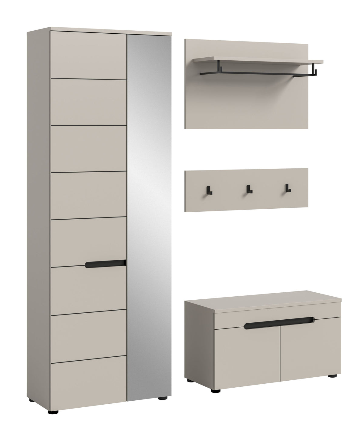 Garderobenschrank-Set mit Sitzbank: helles Grau/Beige, Holzablage und Garderobenleiste
