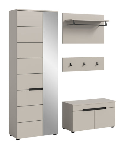 Garderobenschrank-Set mit Sitzbank: helles Grau/Beige, Holzablage und Garderobenleiste
