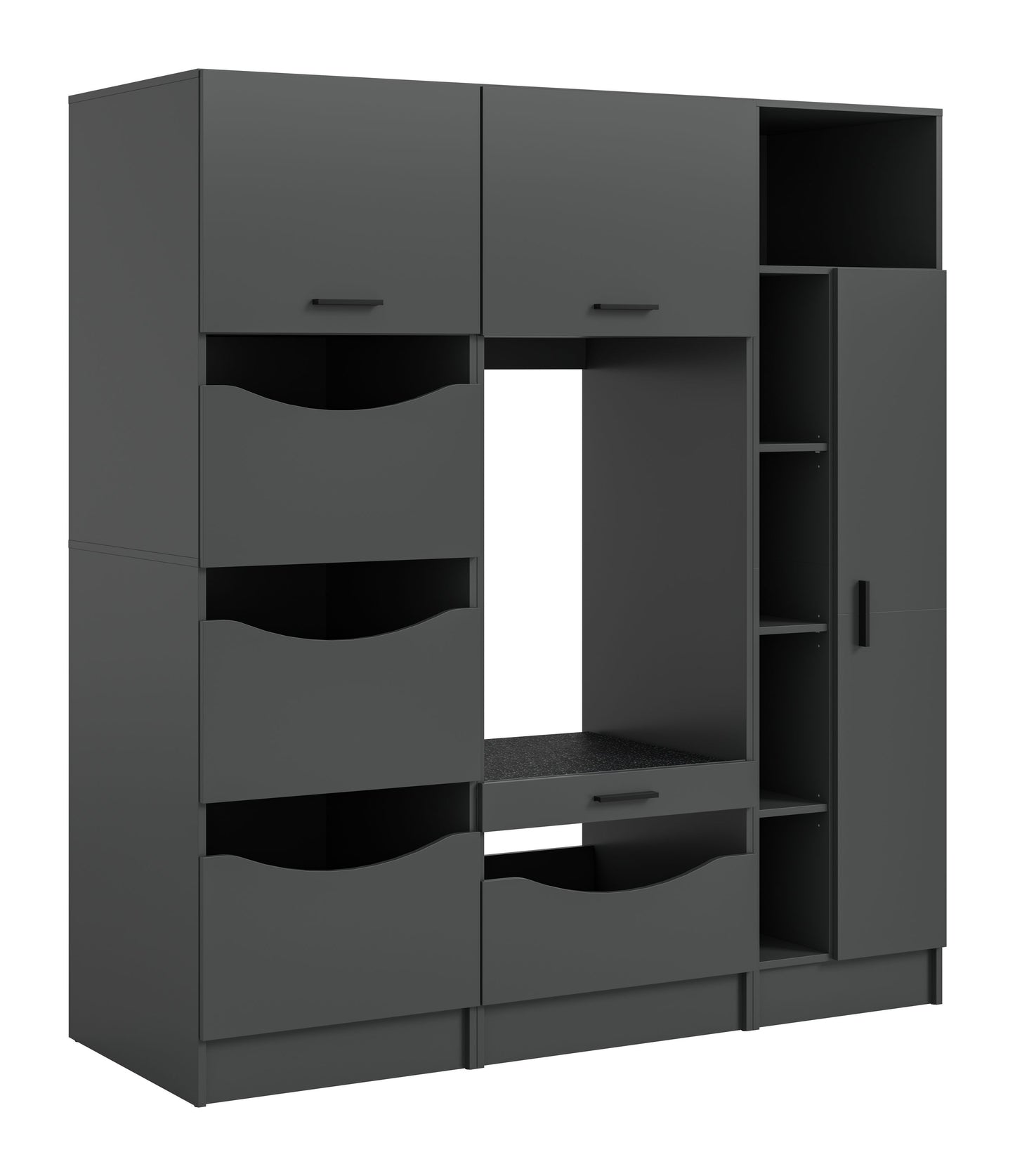 Waschmaschinenschrank-Set in Grau mit offenen Fächern, Schubladen und Flügeltüren