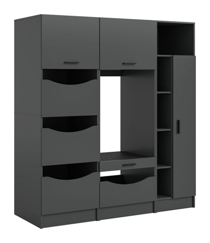 Waschmaschinenschrank-Set in Grau mit offenen Fächern, Schubladen und Flügeltüren