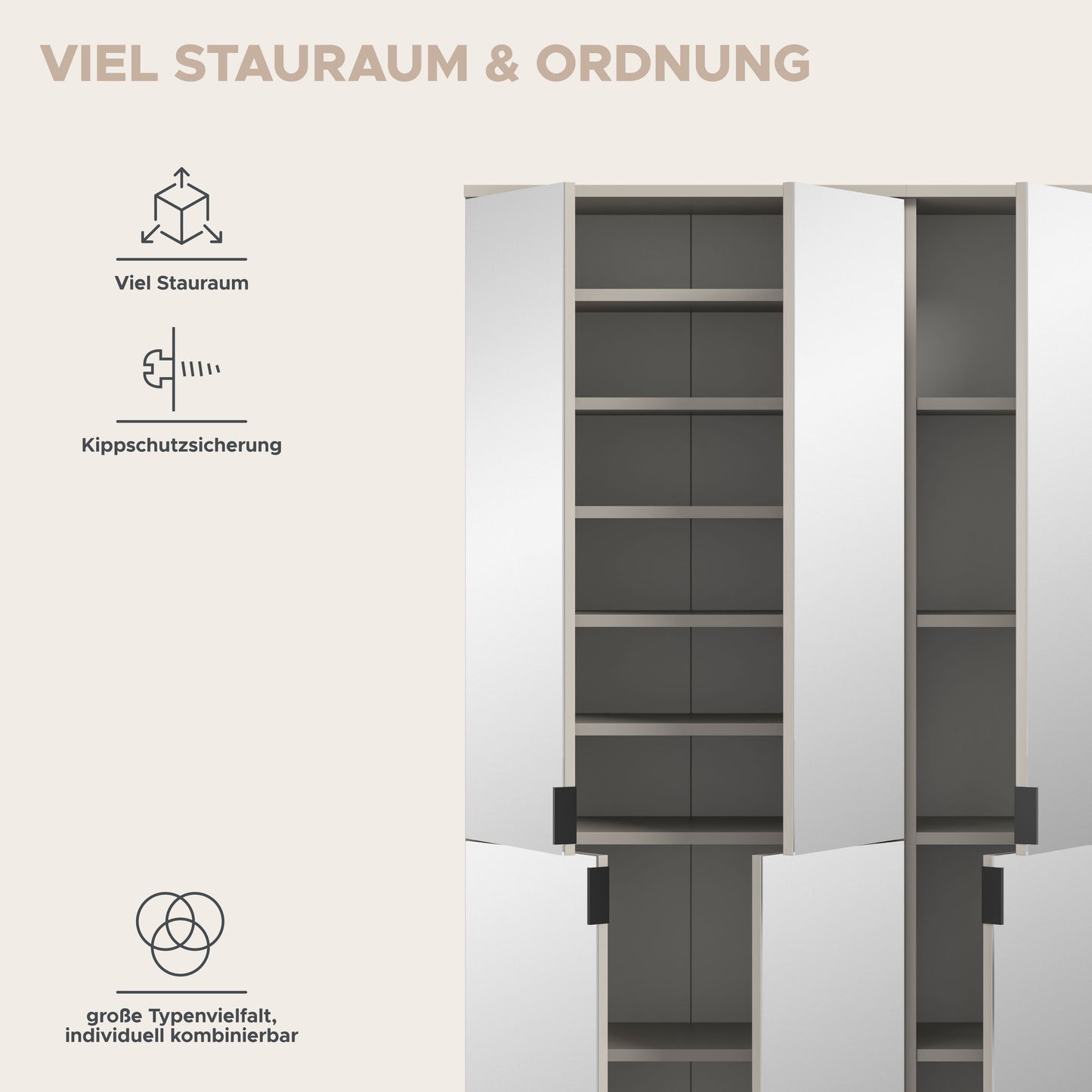 Spiegelschrank mit verstellbaren Einlegeböden, Kippschutzsicherung, individuell kombinierbar
