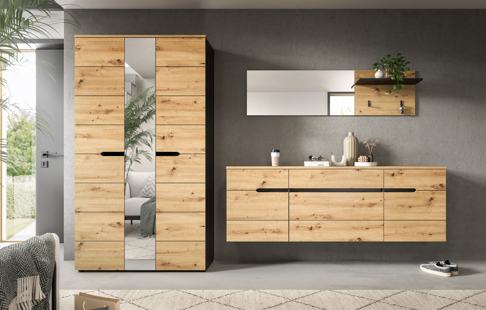 Garderobenset: Schrank mit Spiegel und hängende Kommode, Holzoptik, Metallgriffe