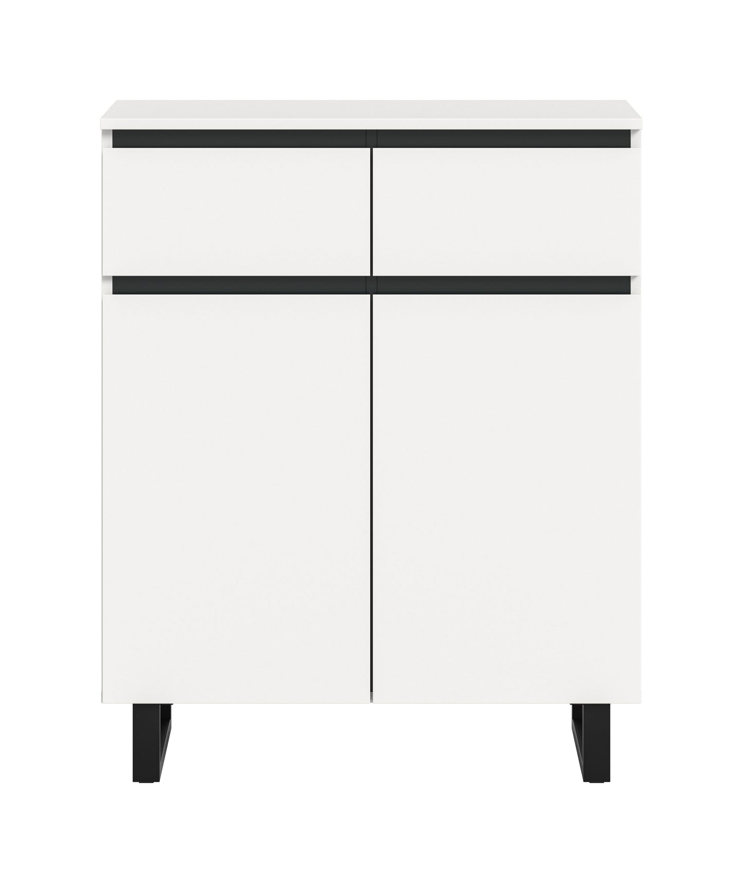 Kommode 80 cm weiß mit zwei Türen und zwei Schubladen, schwarze Zierstreifen