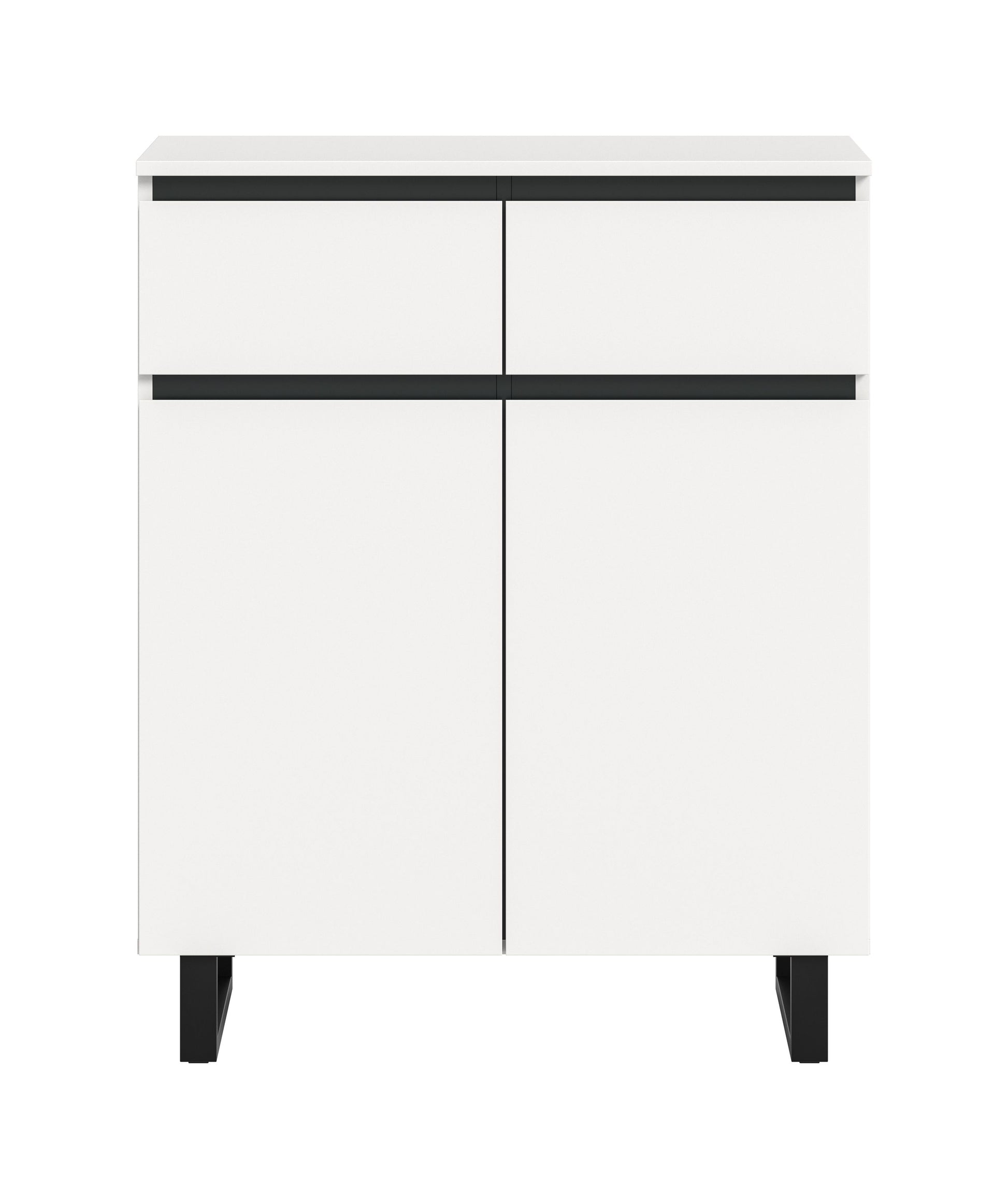 Kommode 80 cm weiß mit zwei Türen und zwei Schubladen, schwarze Zierstreifen