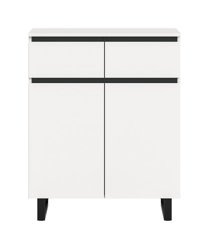 Kommode 80 cm weiß mit zwei Türen und zwei Schubladen, schwarze Zierstreifen