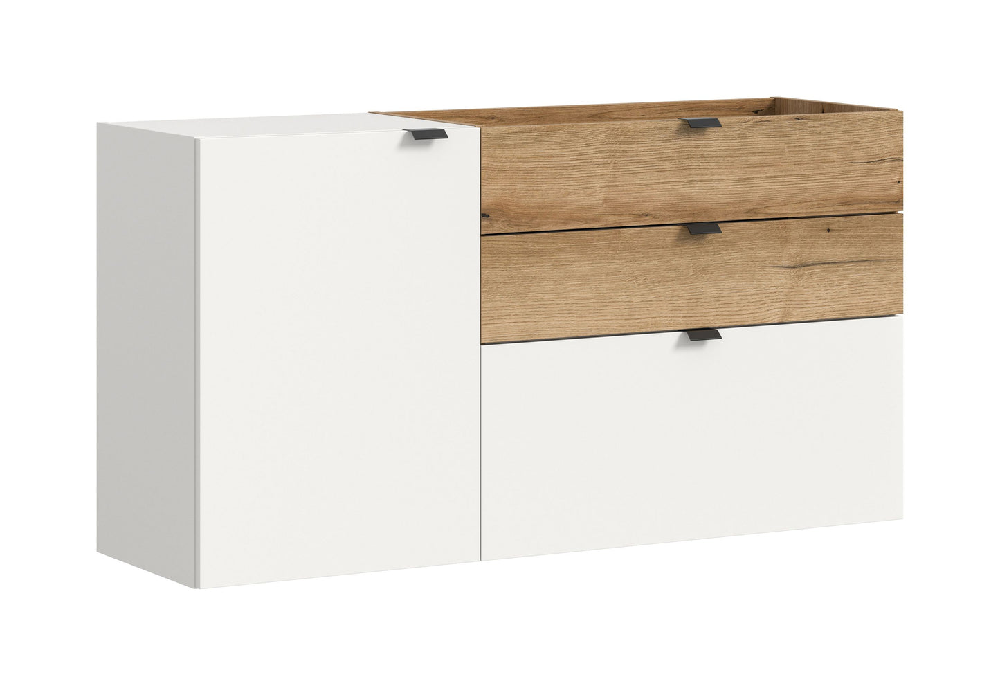 Hängekommode-Schuhschrank mit Tür und Schubladen, weiß und eichefarben