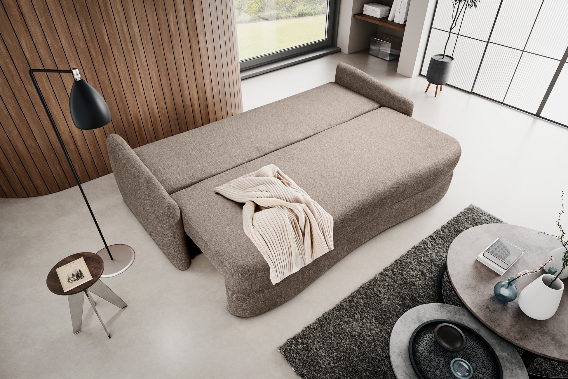 Schlafsofa in beigem Stoff mit Schlaffläche, Decke im Sitzbereich