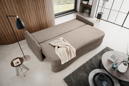 Schlafsofa in beigem Stoff mit Schlaffläche, Decke im Sitzbereich