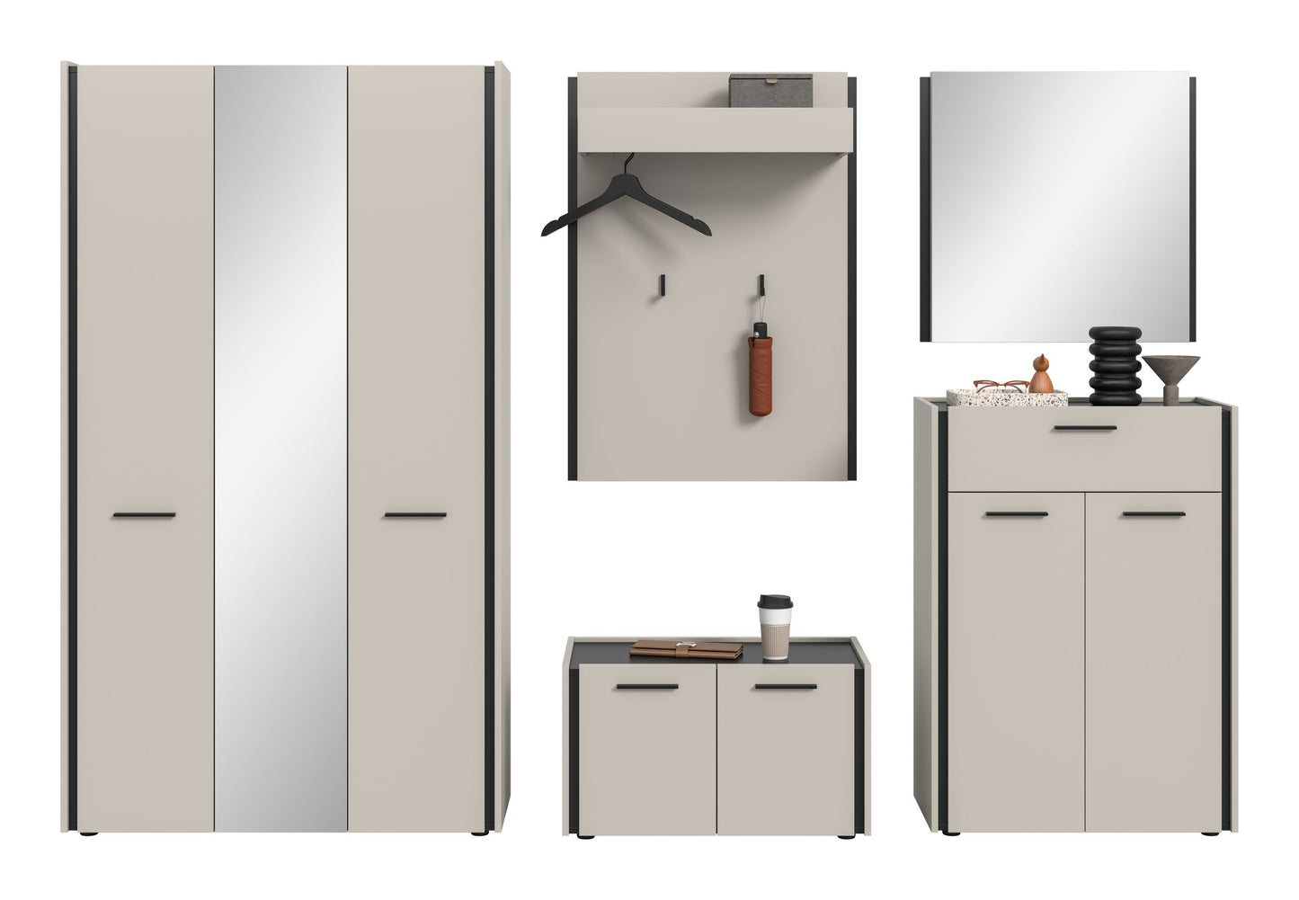 Flurmöbelset mit Garderobenschrank, Hakenpanel, Schuhbank und Sideboard mit Spiegel