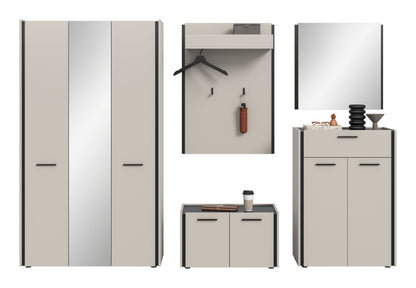 Flurmöbelset mit Garderobenschrank, Hakenpanel, Schuhbank und Sideboard mit Spiegel