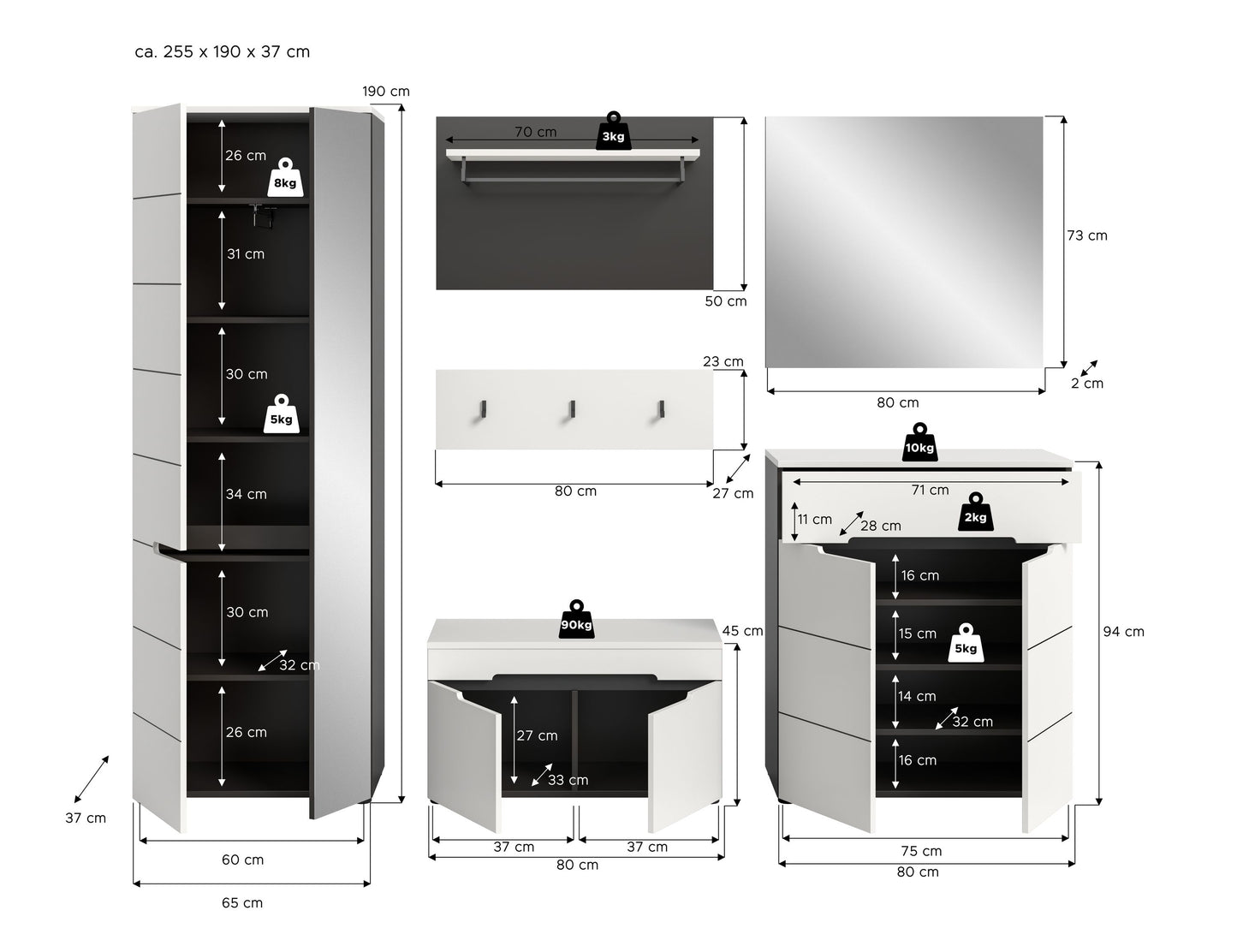 Ensemble d'entrée CANU (L/H/P : env. 255/190/37 cm) en gris basalte/vert fumée