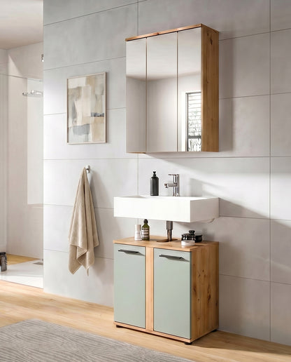 Badezimmerset mit Spiegelschrank und Unterschrank, Holzoptik und hellgrünen Fronten