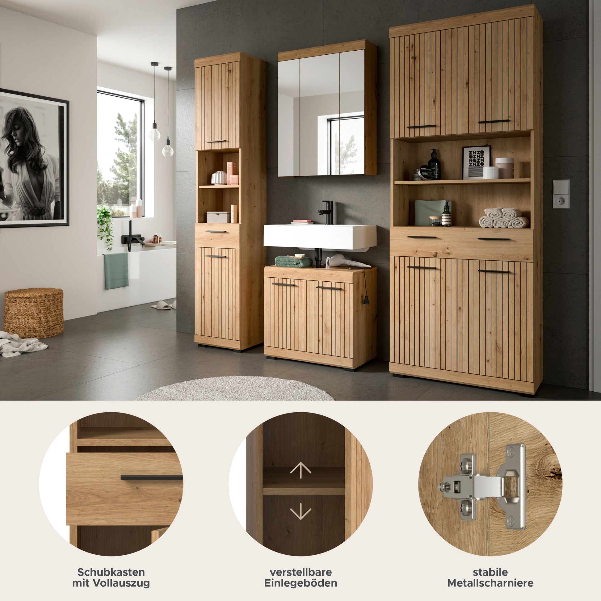 Badezimmerset 4-tlg. Holzoptik mit Spiegelschrank und Waschtischunterschrank, aufstellfertig