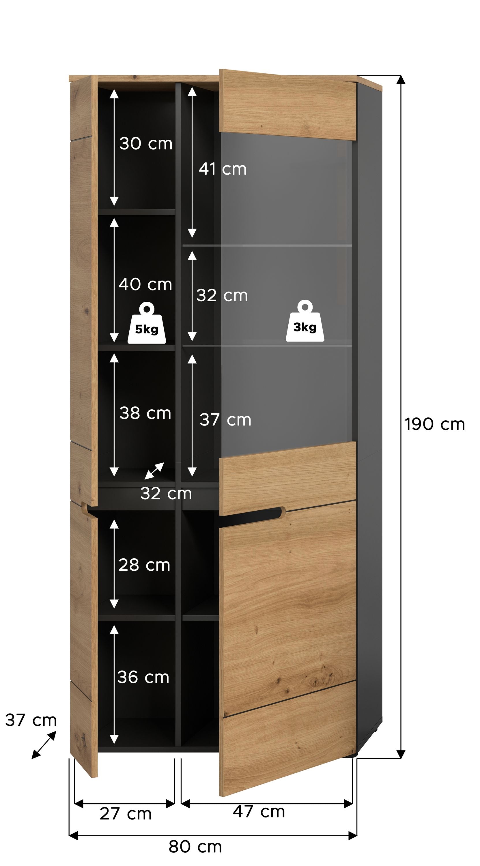 Vitrine-Wohnzimmerschrank in Holzoptik mit Glastür und Griffstange, Maßeübersicht