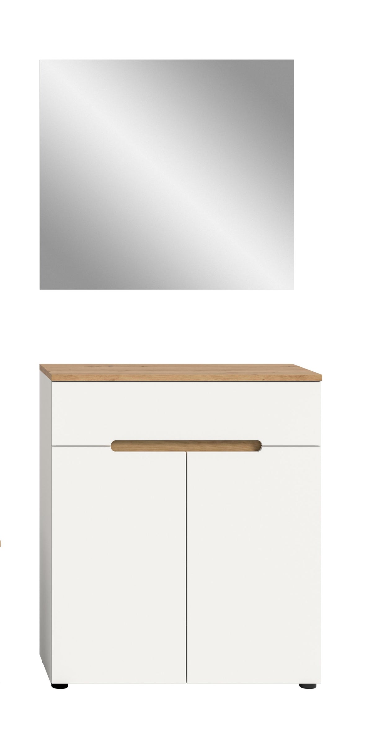 Garderoben-Kommode mit zwei Türen, hellweißer Front, Holzoptik-Oberplatte und Holzgriff
