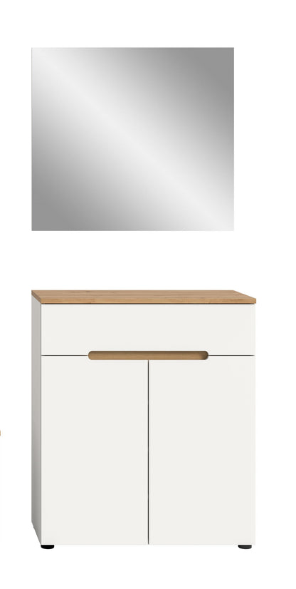 Garderoben-Kommode mit zwei Türen, hellweißer Front, Holzoptik-Oberplatte und Holzgriff