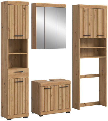 Badezimmerset im Holzdekor mit Spiegelschrank, 2 Hochschränken und Waschbecken-Unterschrank