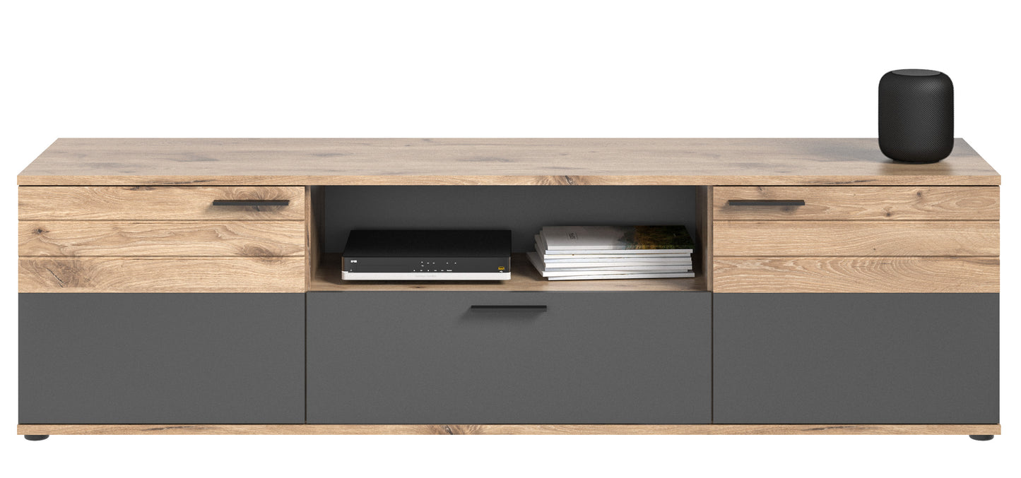 Meuble TV bas grand MASON (L/H/P : env. 194/53/47 cm) en imitation chêne Nox/gris basalte