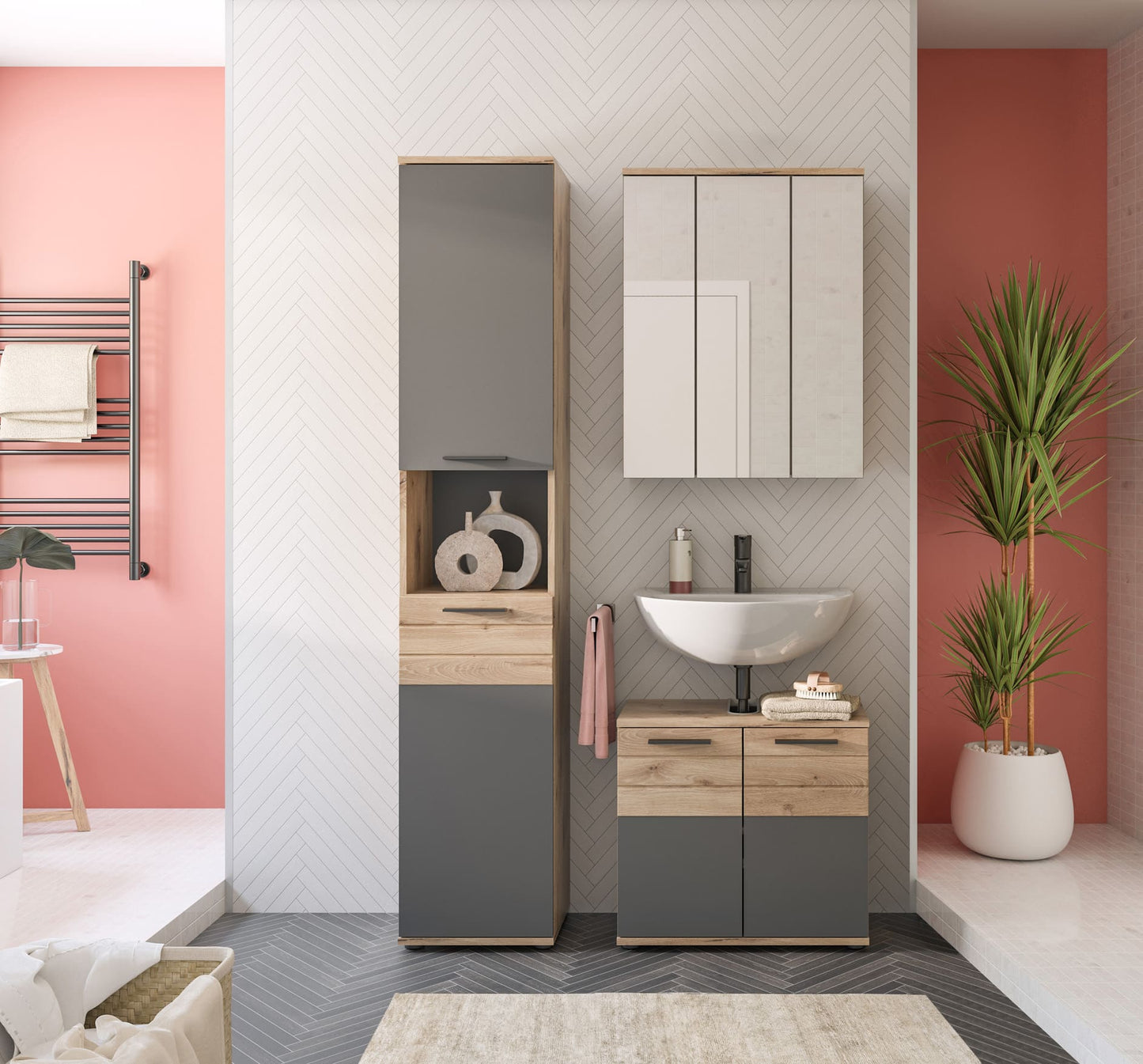 Homes & Jones Badezimmer-Set 3-teilig mit Hochschrank und Waschtisch, dunkelgrau und helles Holzdekor