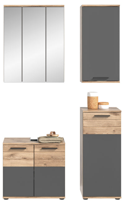 Badmöbel-Set: Spiegelschrank mit drei Türen, Hochschrank und Unterschrank vorn