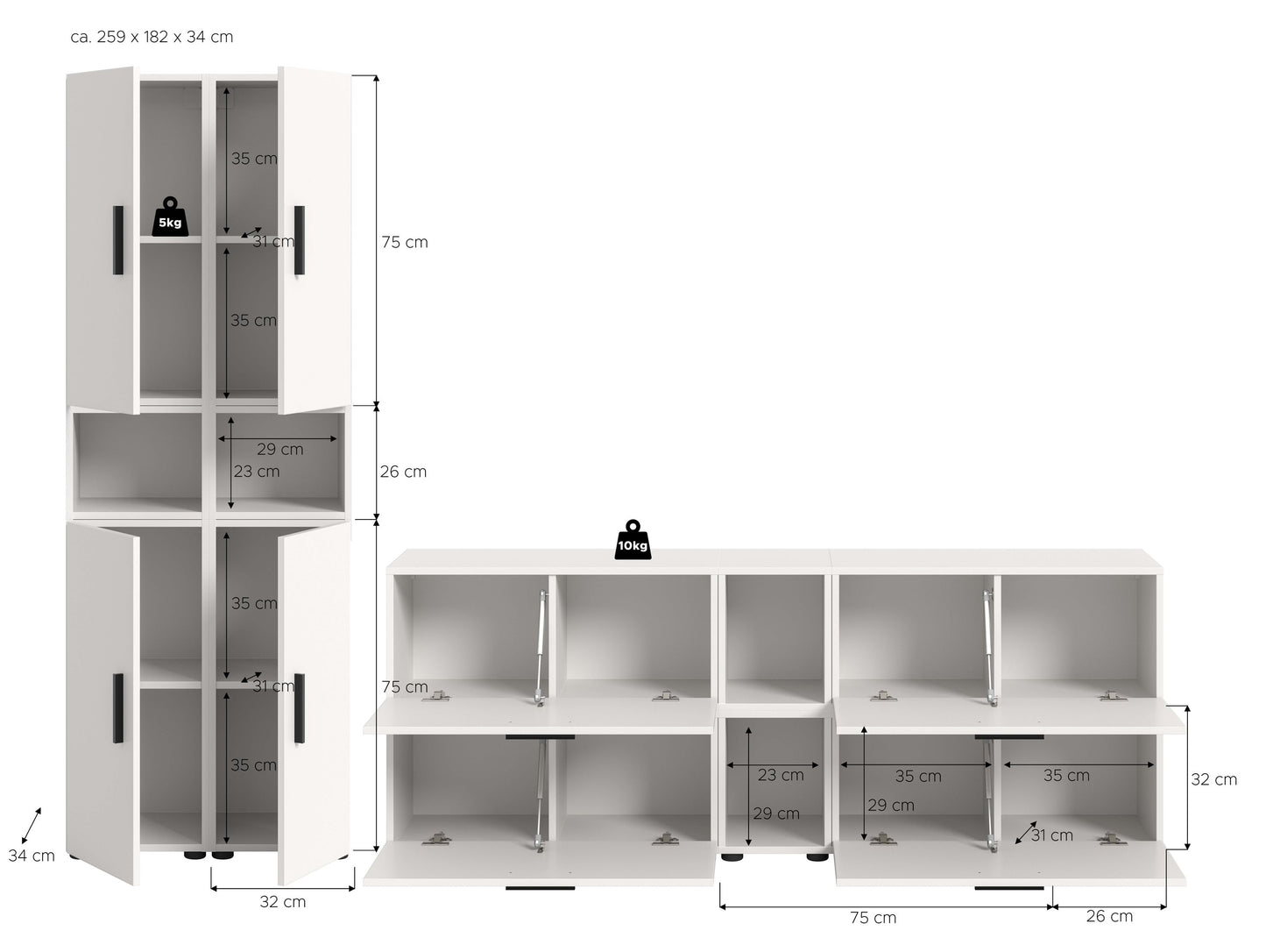 Homes & Jones Wohnwand 4-tlg. TV Möbel Modular Lowboard, Wohnzimmerschrank