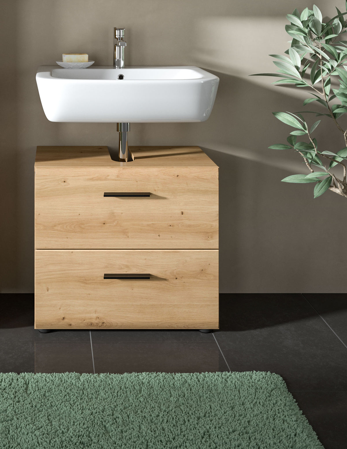 Waschbeckenunterschrank 60 cm mit zwei Schubladen, naturfarbenes Holz, unter Waschbecken
