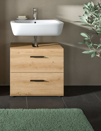 Waschbeckenunterschrank 60 cm mit zwei Schubladen, naturfarbenes Holz, unter Waschbecken