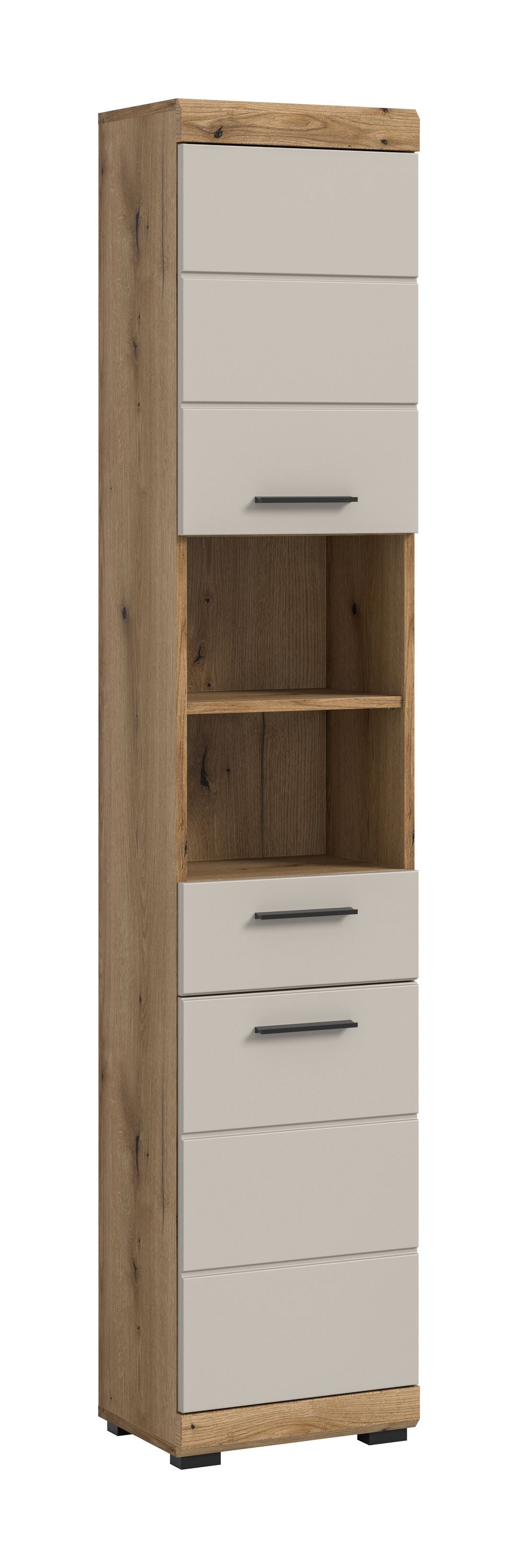 Badhochschrank schmal: Artisan-Eiche-Optik, weißer Frontbereich und offene Fächer