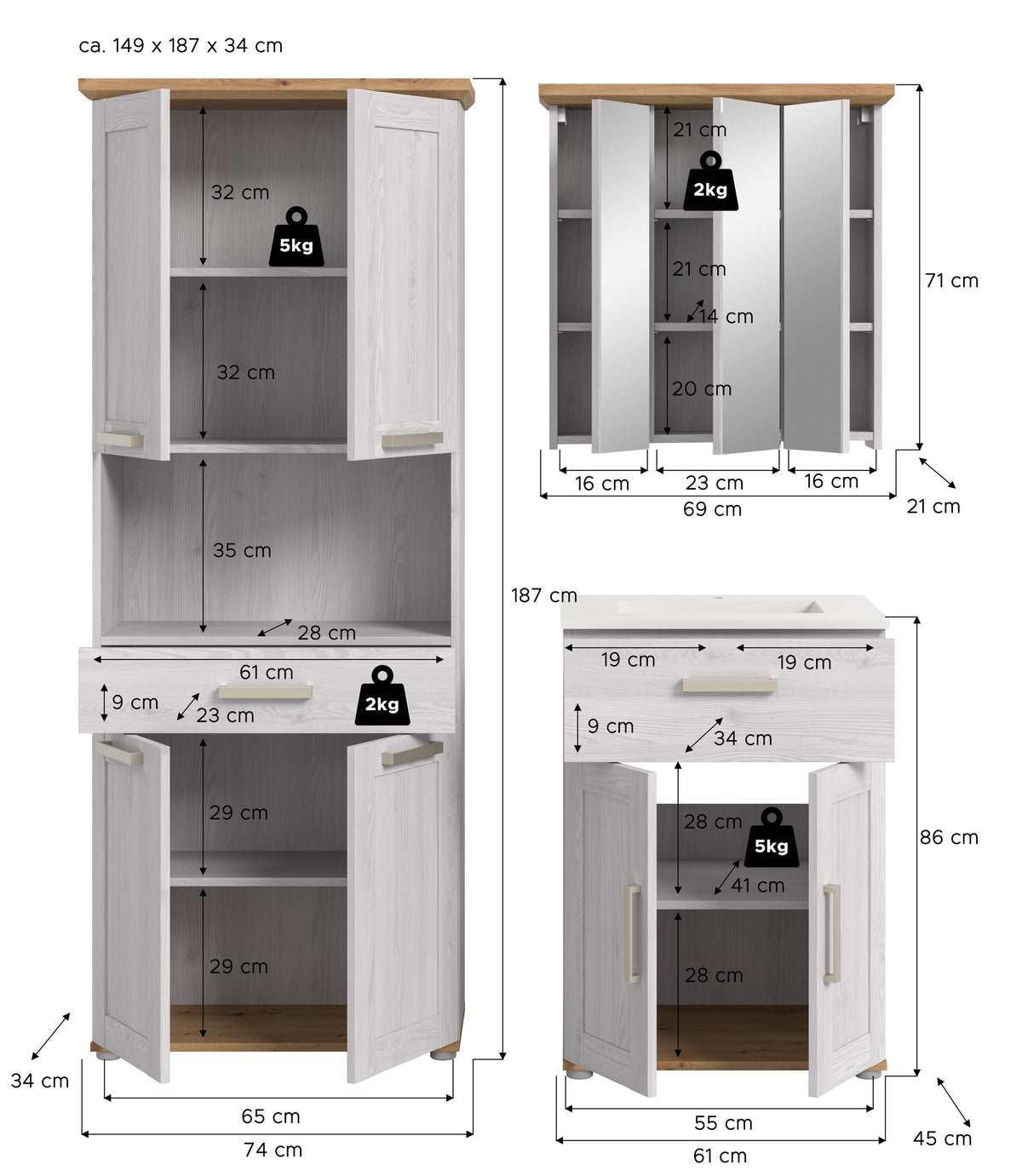 Bathroom Set VERONA (W/H/D: approx. 149/187/45 cm) in Sibiu Larch Reproduction/Sibiu Larch Reproduction