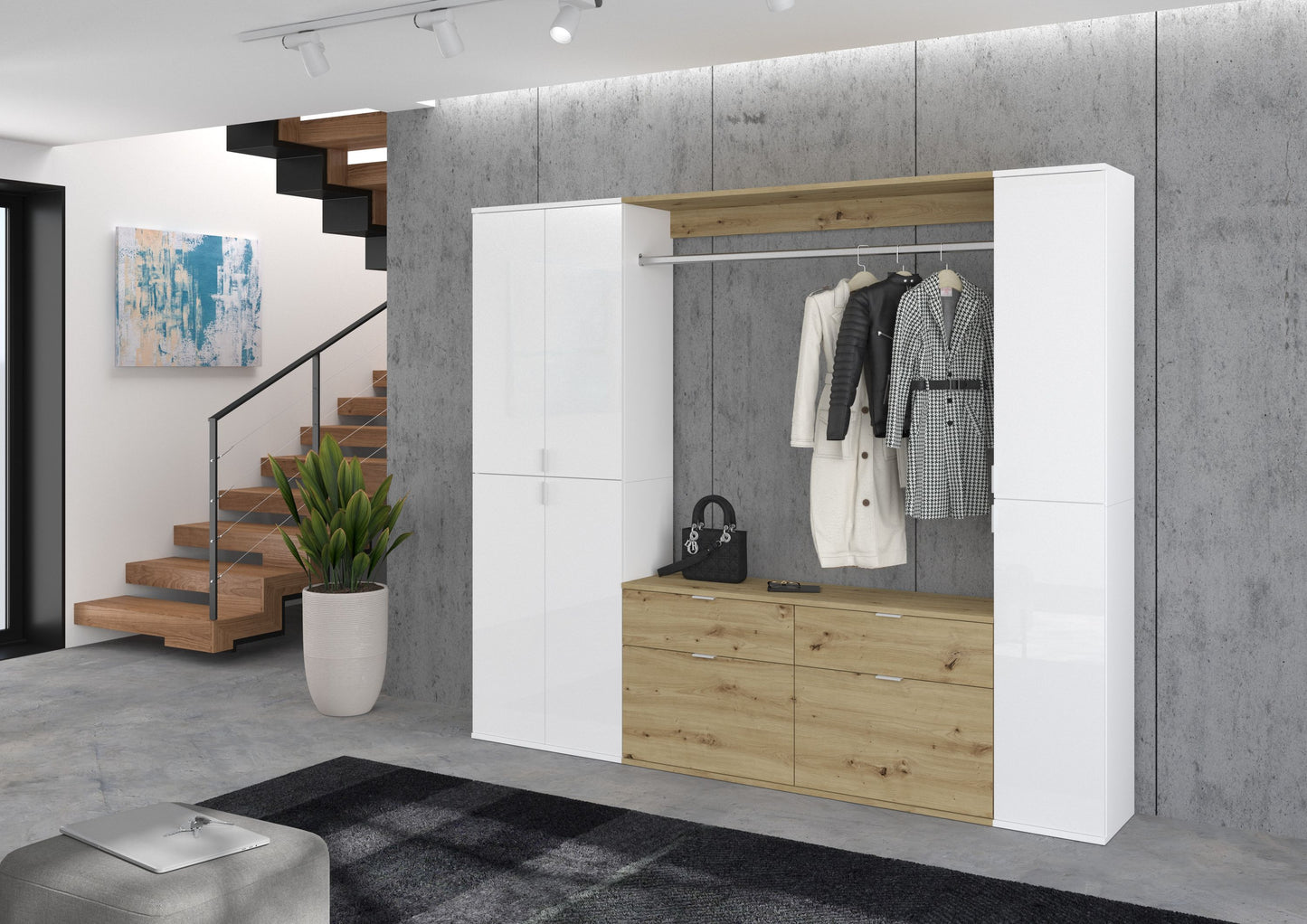 Garderobenschrank mit Kleiderstange, offenen Fächern und Holzschubladen, weiß