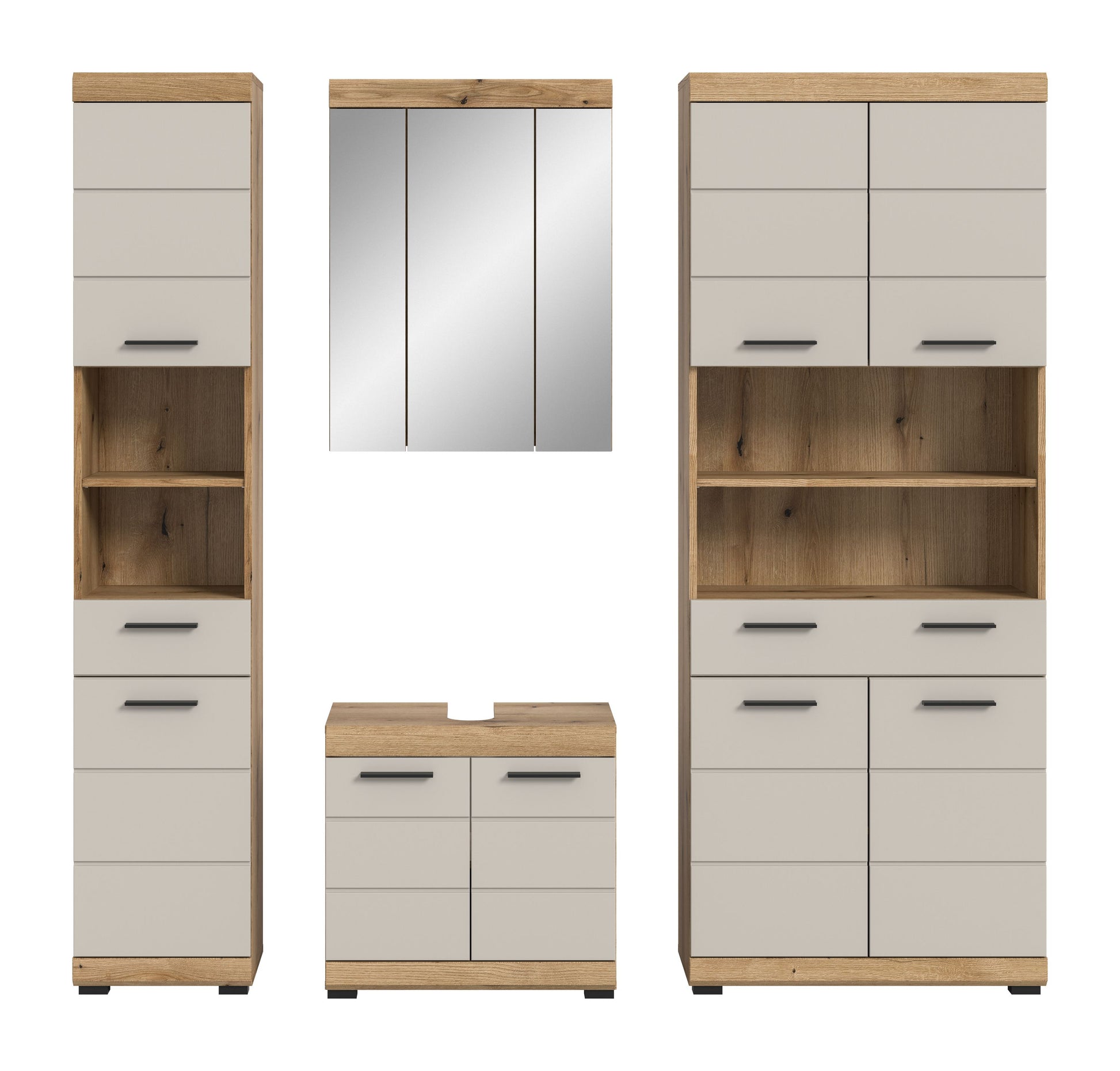 Badezimmerset 4-tlg. mit Hochschrank, Spiegelschrank und Stauraumschrank, Eiche hell/weiß