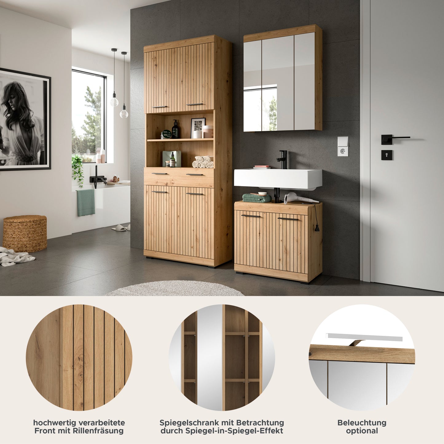 Badezimmerset mit Spiegelschrank und Waschtisch, Holzfronten und weiße Elemente, 3-teilig