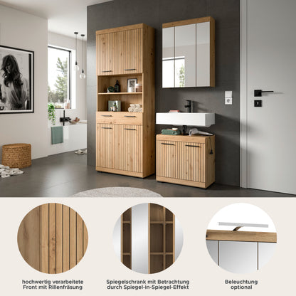 Badezimmerset mit Spiegelschrank und Waschtisch, Holzfronten und weiße Elemente, 3-teilig