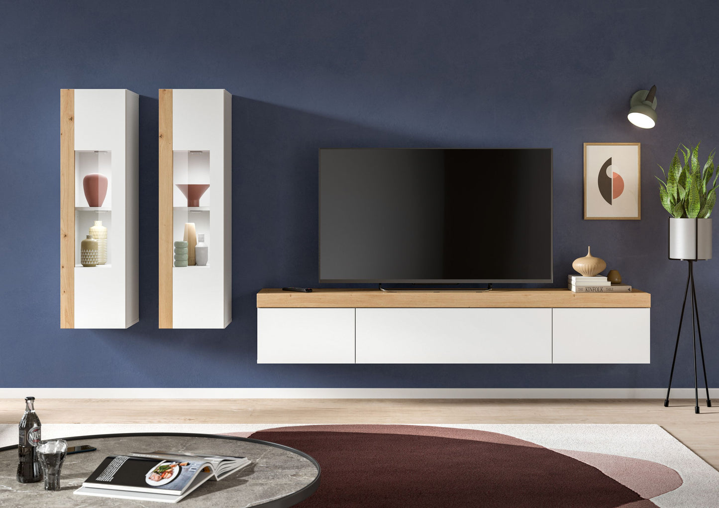Homes & Jones Wohnwand 3-tlg. weiß, Lowboard für TV bis 70 Zoll geeignet