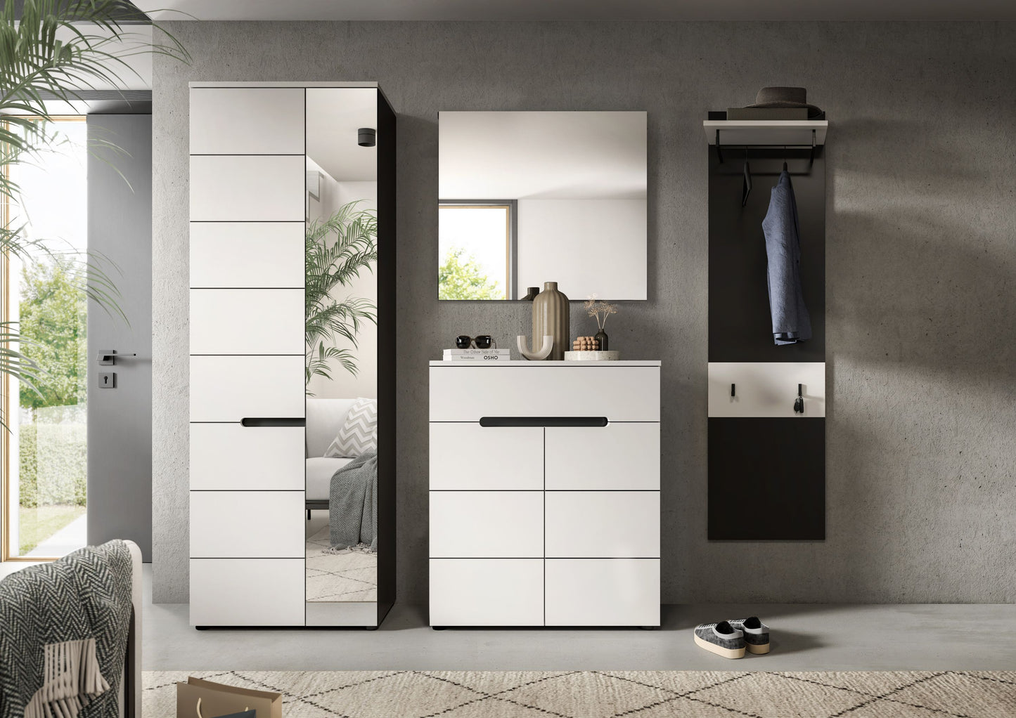 Ensemble de meubles d'entrée CANU (L/H/P : env. 220/190/37 cm) en gris basalte/vert fumé
