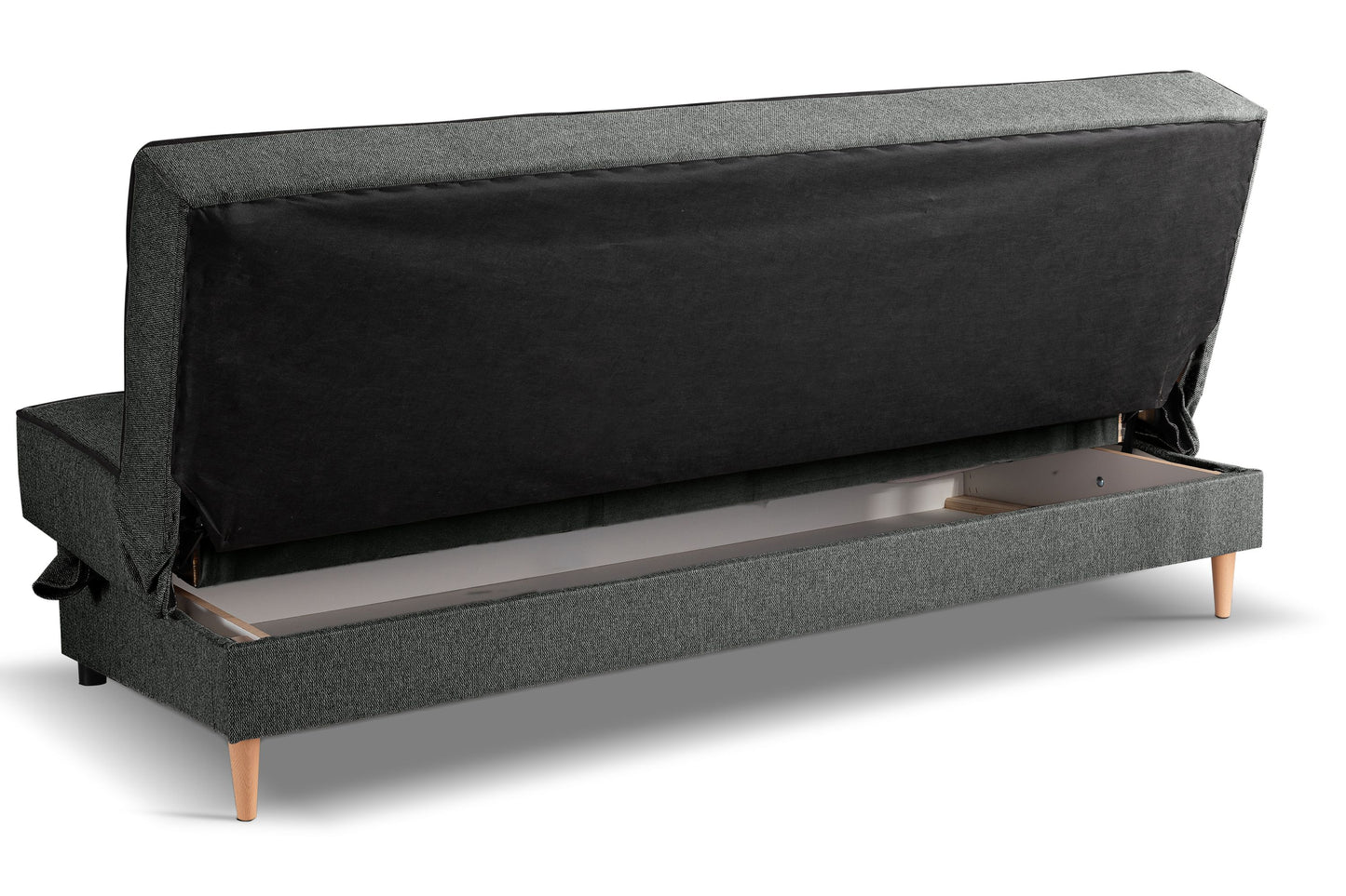 Schlafsofa mit Schlaffunktion, dunkelgrauer Stoff, geöffnete Liegefläche mit Untergestell