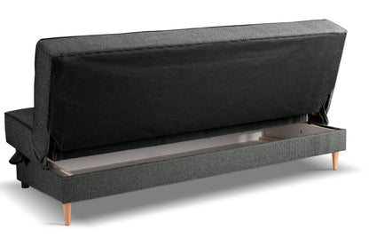Schlafsofa mit Schlaffunktion, dunkelgrauer Stoff, geöffnete Liegefläche mit Untergestell