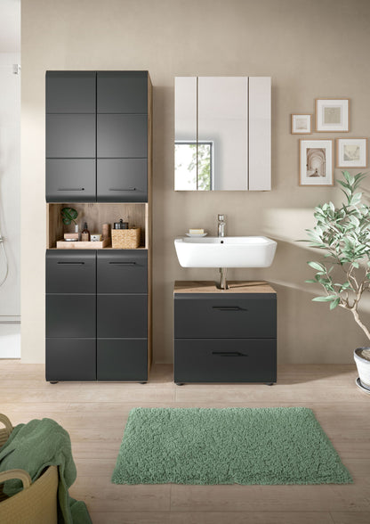 3-teiliges Badmöbel-Set mit Hochschrank, Spiegel und Waschplatz in Anthrazit und Weiß